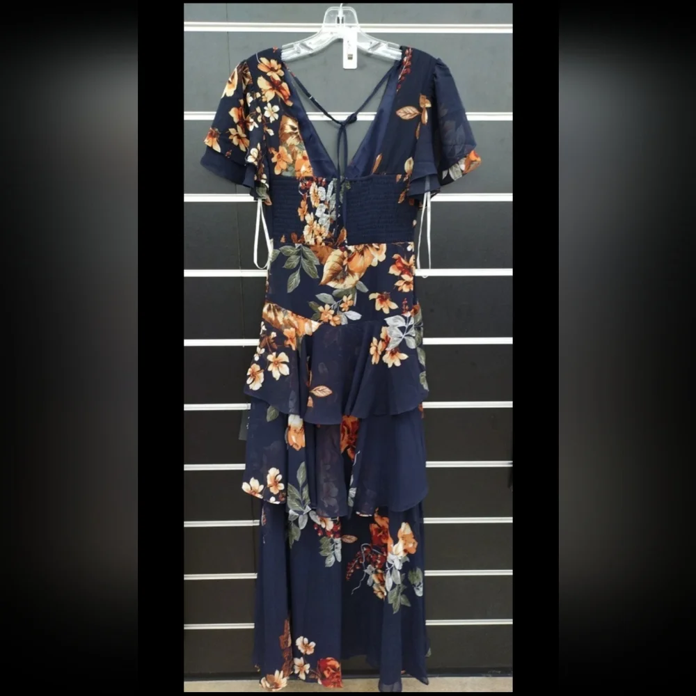 Midnight Mood Navy Blue Floral Print Tiered Maxi Dress Size XS - Picture 5 of 11